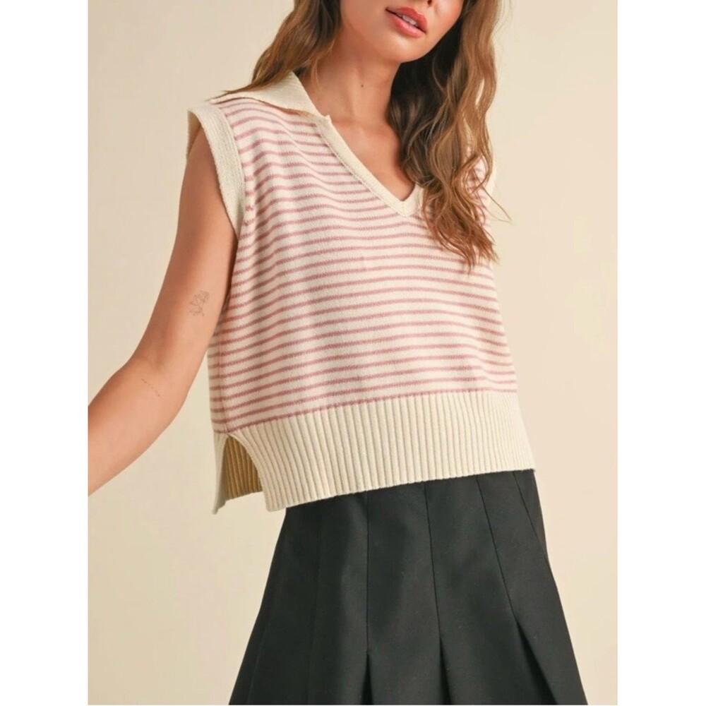 Miou Muse Cream Pink V Neck Striped Knitted Sweater Vest Top Women’s Size Medium